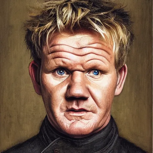 Image similar to portrait of gordon ramsay, oil painting by jan van eyck, northern renaissance art, oil on canvas, wet - on - wet technique, realistic, expressive emotions, intricate textures, illusionistic detail