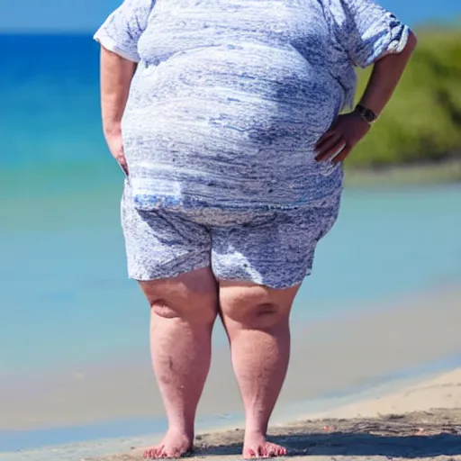 Image similar to an extremely obese middle age woman on the beach wearing an oversized tshirt and shorts