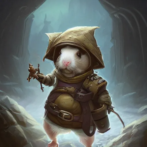 Image similar to cute little anthropomorphic Guinea Pig wearing techwear outfit, ultra wide lens shot , tiny, small, short, cute and adorable, pretty, beautiful, DnD character art portrait, matte fantasy painting, DeviantArt Artstation, by Jason Felix by Steve Argyle by Tyler Jacobson by Peter Mohrbacher, cinematic lighting