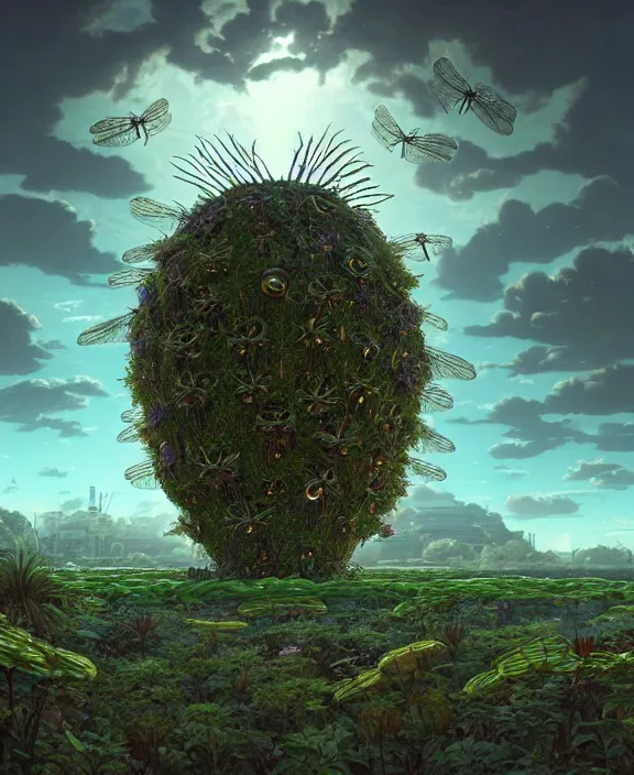 Image similar to a giant weird industrial plant made out of isopod dragonflies, in the style of a strange puffy spaceship, overgrown with disturbing orchids, partly cloudy, somber, dramatic lighting, by dan mumford, yusuke murata, makoto shinkai, ross tran, cinematic, unreal engine, cel shaded, featured on artstation, pixiv