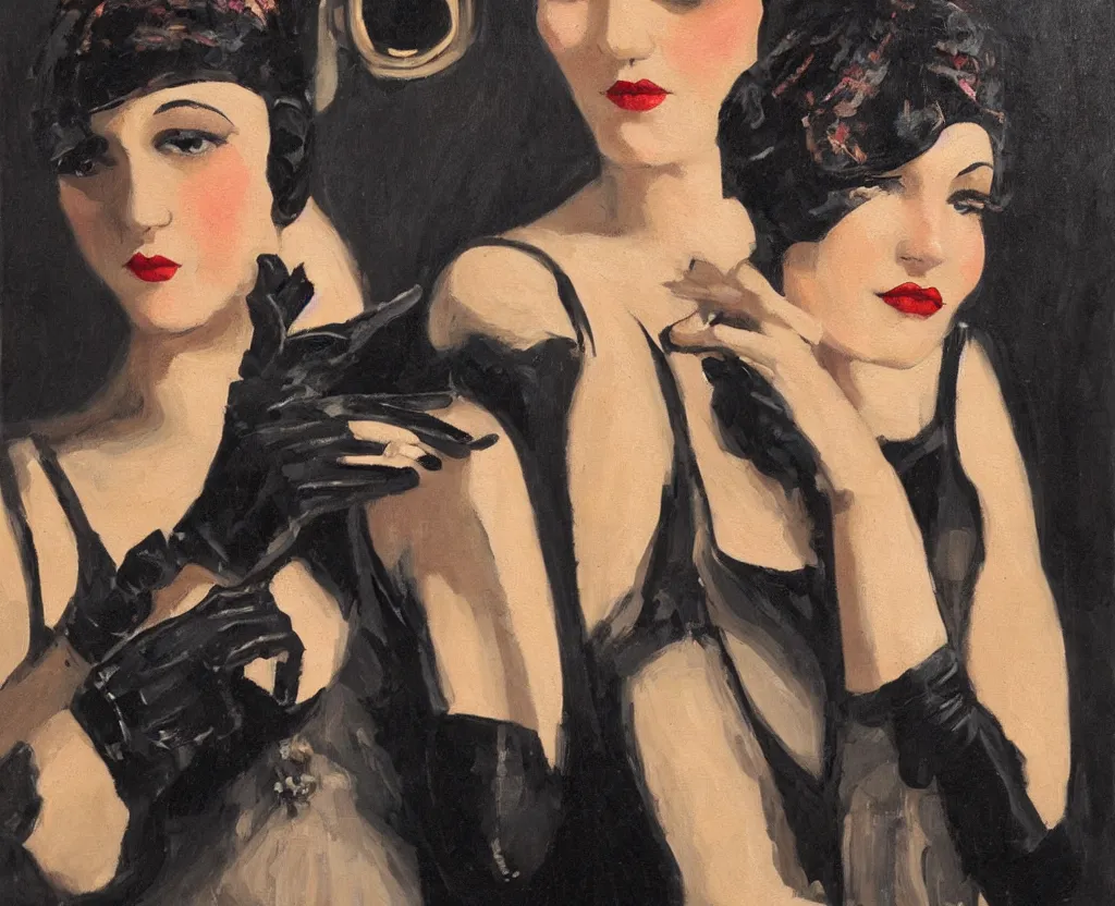 Image similar to realistic oil painting of a 1 9 2 0 s short - haired flapper woman in black satin gloves looking at the camera, during a party with a jazz band performing in the background, at a dimly lit speakeasy bar, jazz age, precise, wide shot, cohesive, stylistic, art deco, cinematic, low - lighting