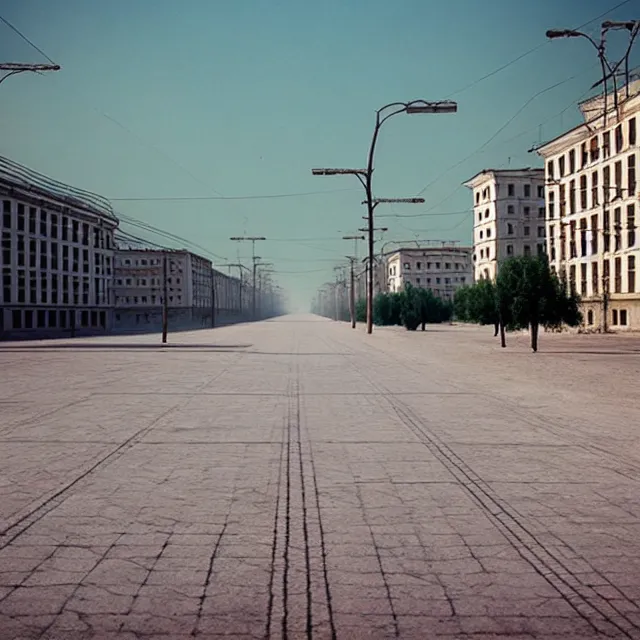 Prompt: empty street soviet city with identical soviet buildings and with a ideal lawn instead of road. no trees. cinematic, cgsociety
