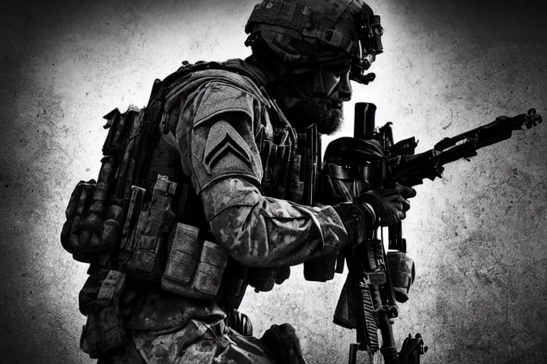 Prompt: still photo of modern warfare soldier looking at the camera in a battlefield, black and white color aesthetic, highly detailed, photorealistic portrait, bright studio setting, studio lighting, crisp quality and light reflections, unreal engine 5 quality render