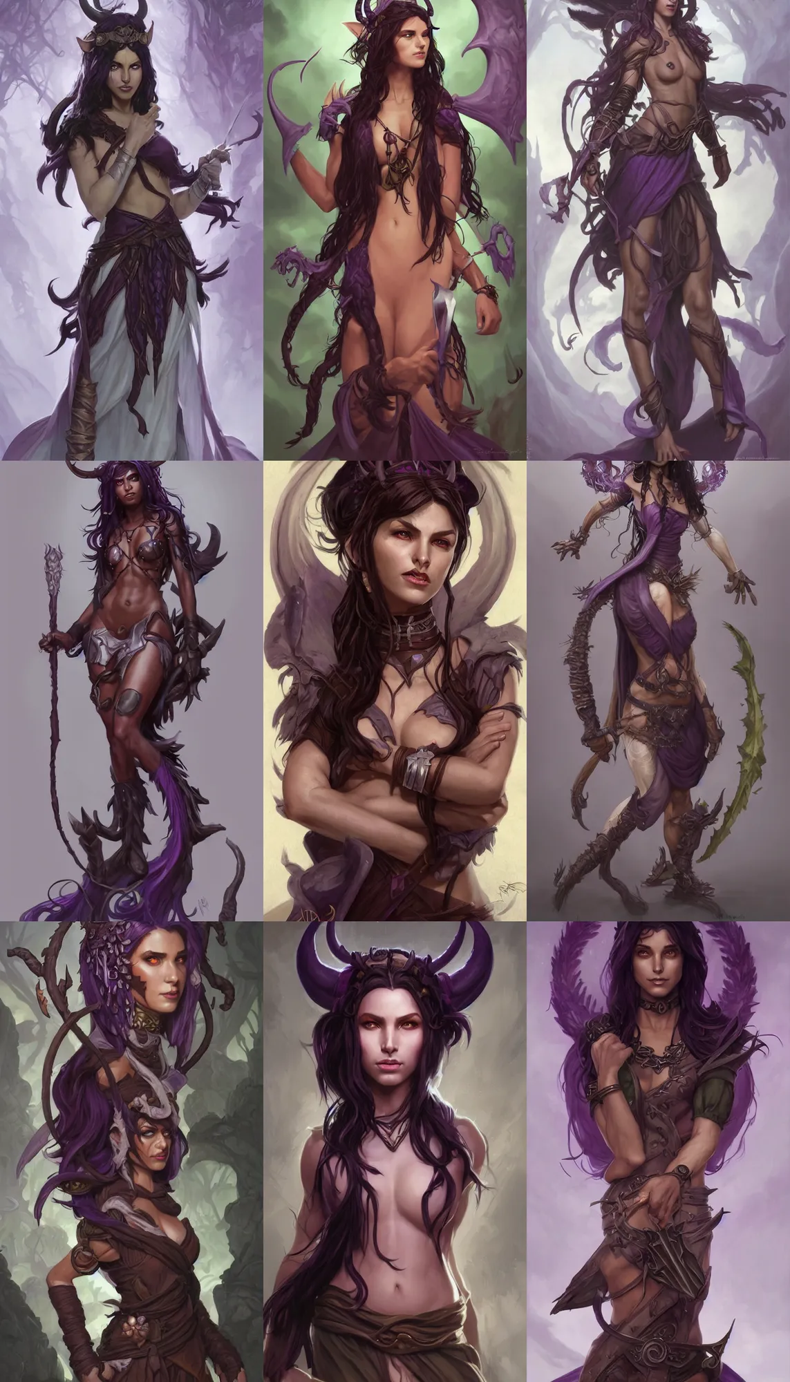 Prompt: Attractive Tiefling Druid, She has olive brown skin, dark purple hair, and silver eyes full body, dungeons and dragons portrait, highly detailed, digital painting, artstation, concept art, sharp focus, illustration, art by artgerm and greg rutkowski and alphonse mucha