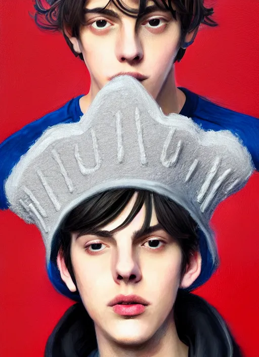 Image similar to portrait of teenage jughead jones wearing a light grey crown, photorealistic, crown, sweater with letter s on it, hamburger, eyes closed, crown, black hair, intricate, elegant, glowing lights, highly detailed, digital painting, artstation, concept art, smooth, sharp focus, illustration, art by wlop, mars ravelo and greg rutkowski