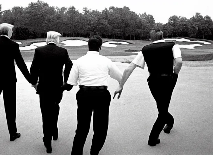 Image similar to Donald Trump with hands behind back taken away by two young FBI agents wearing uniforms at golf course, photo by Alex Webb, photo by James Nachtwey