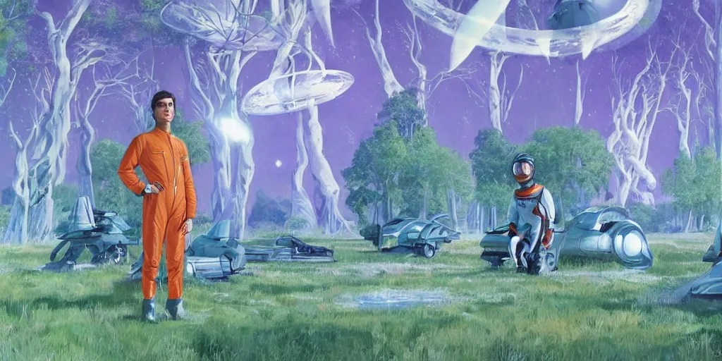 Image similar to portrait of Alain Delon pilot in spacesuit on field forrest spaceship station, artillery, lake, trees, long shadows in outer worlds in FANTASTIC PLANET La planète sauvage animation by René Laloux