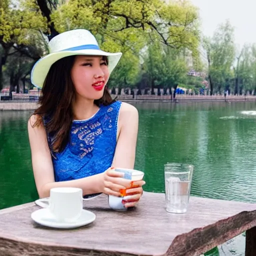 Image similar to a beautiful woman wearing a blue lace top and a white hat, drinking coffee by a river in beijing