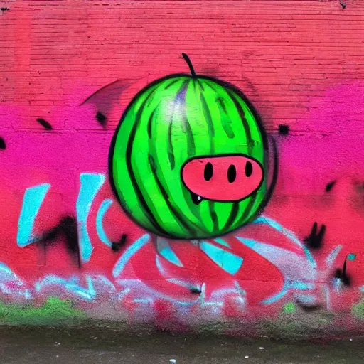 Image similar to a cute and happy watermelon, graffiti, photograph, made by banksy, vivid colors, spray brush, midday, sunny, professional