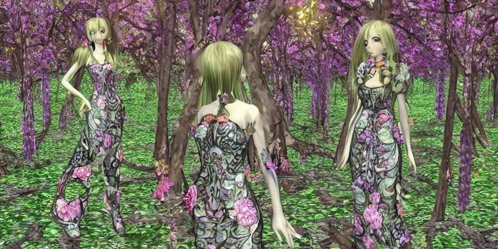 Image similar to cute female forest spirit wearing ornate floral cybernetic hungarian valentino resort dress in a 3 d psx ps 2 jrpg style, esoteric magical alien meadow ritual environment, fashion gameplay screenshot, highly detailed, atelier, xenogears