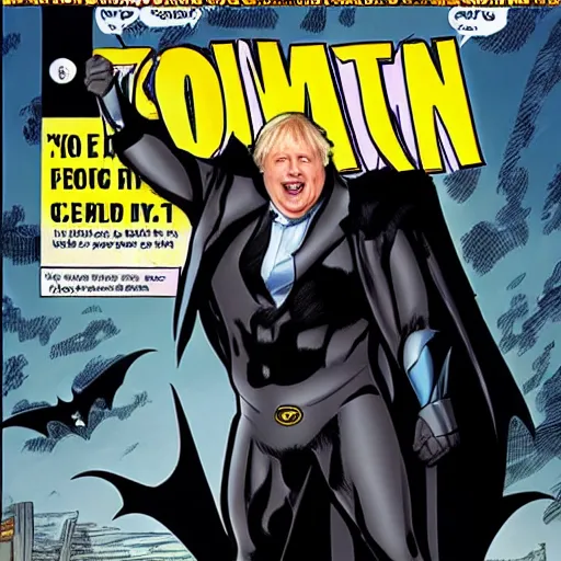 Image similar to comic cover book of boris johnson as batman ,