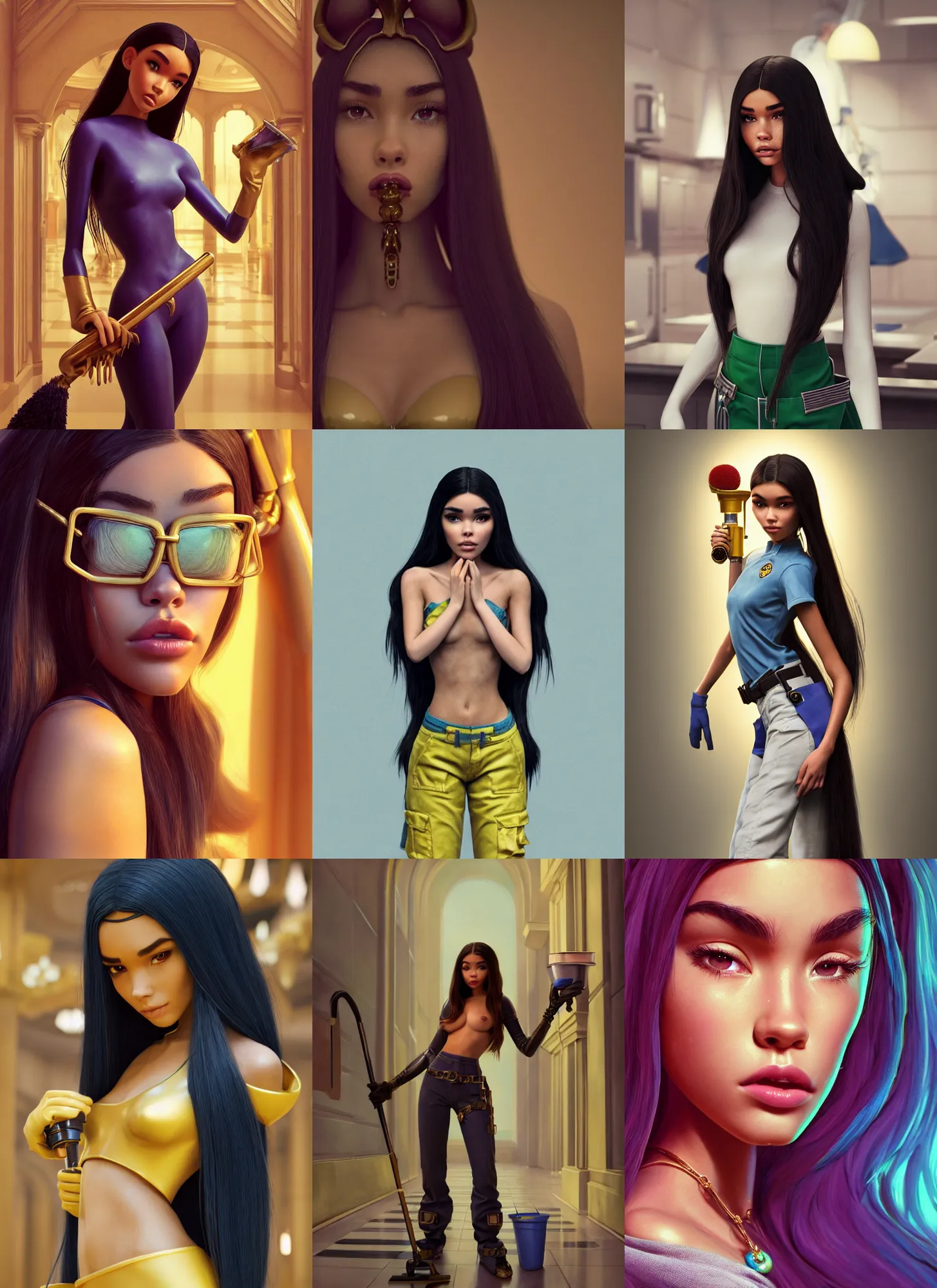 Prompt: madison beer as a janitor | jewelry | glamorous oily soft polished rich raunchy ornate modern | weta disney pixar movie still photo | hi - fructose, sci fi fantasy, golden ratio, smooth, octane render, sharp focus, artstation, concept art | beeple, rhads, rutkowski, artgerm, mucha, wlop, loish |