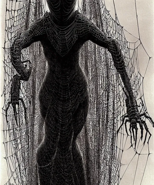 Image similar to a spiderwoman standing all covered in spiders. arachnophobia, fear of spiders, incredible number of spiders and bugs. extremely high details, spider paws and eyes, realistic, horror, creepy, web, masterpiece, art by zdzislaw beksinski, arthur rackham, dariusz zawadzki, ed binkley