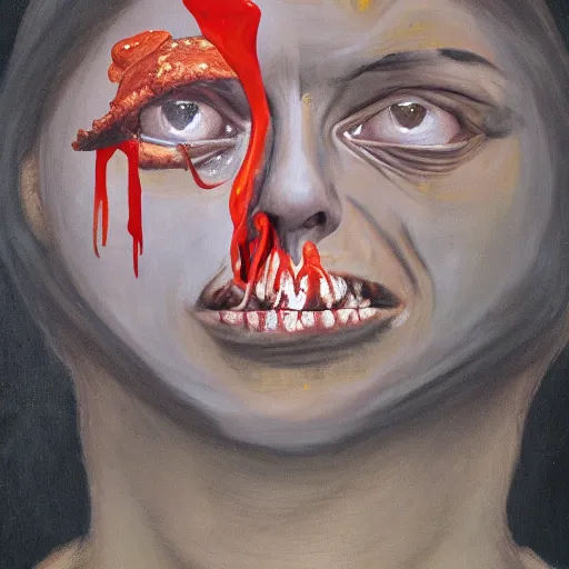 Prompt: mysterious portrait of Hope Solo emerging from the dark void eating burger, face partially melting like glitching out LSD effect, figure in the darkness of renaissance, serving big macs, covered in ketchup,Francisco Goya, painted by John Singer Sargant, Adrian Ghenie, style of Francis Bacon, highly detailed, 8k, trending on artstation