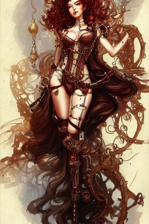 Image similar to three-quarters pose portrait of sensual Lady Mechanika, very beautiful young woman, ginger wavy hair, Intricate details, , D&D!, fantasy style, sharp focus!, ultra detailed, art by Artgerm and Peter Andrew Jones, WLUP, steampunk themed.