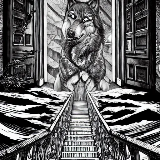 Image similar to a huge howling angry wolf in a huge bright maze of many doorways and lots of stairs, many doorways, inside MC Escher architecture, artstation, Junji Ito, epic composition, detailed background