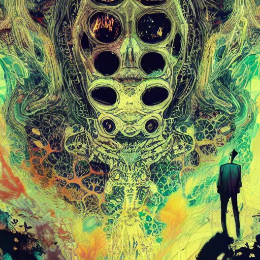 Prompt: psychedelic horror art victo ngai hyperrealism magic realism fantasy realm creepy deity of hatred and visceral intense vibrant dread yoji shinkawa apophasis fractal flame inferno