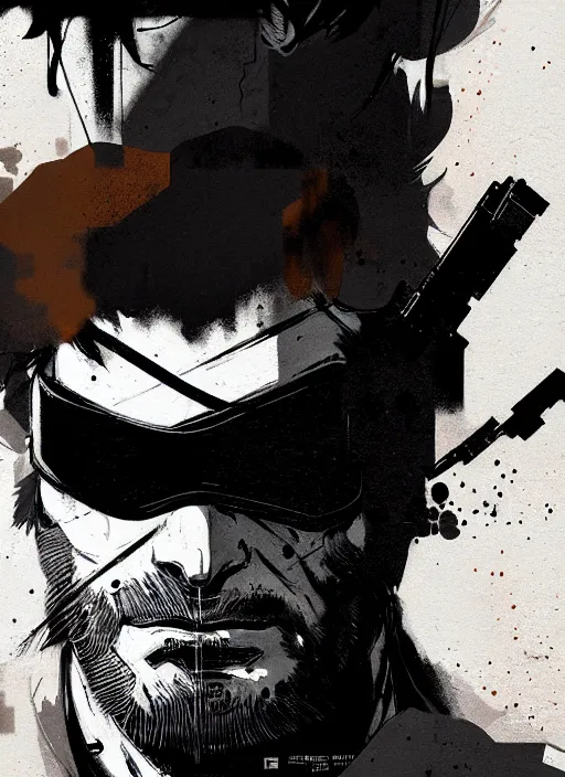 Image similar to highly detailed closeup of a moody solid snake mgs in codek by atey ghailan, by greg rutkowski, by greg tocchini, by james gilleard, by joe fenton, by kaethe butcher, by yoji shinkawa, gradient blue, black, brown and white color scheme muted tones, grunge aesthetic!!! white graffiti tag wall background