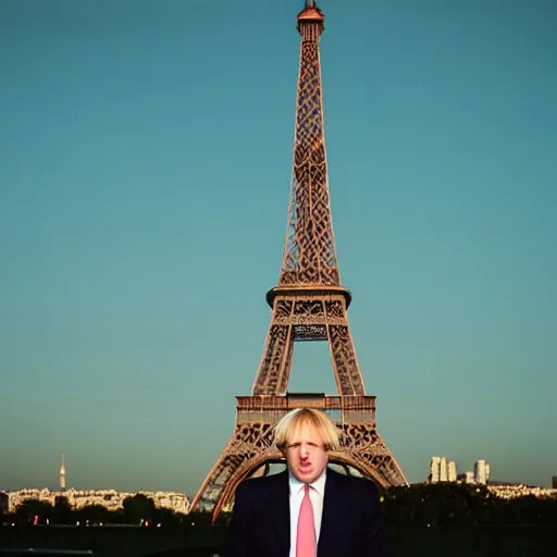 Prompt: boris johnson poses in front of the Eiffel tower at sunset, taken on hasselblad 500c, cinestill 800t