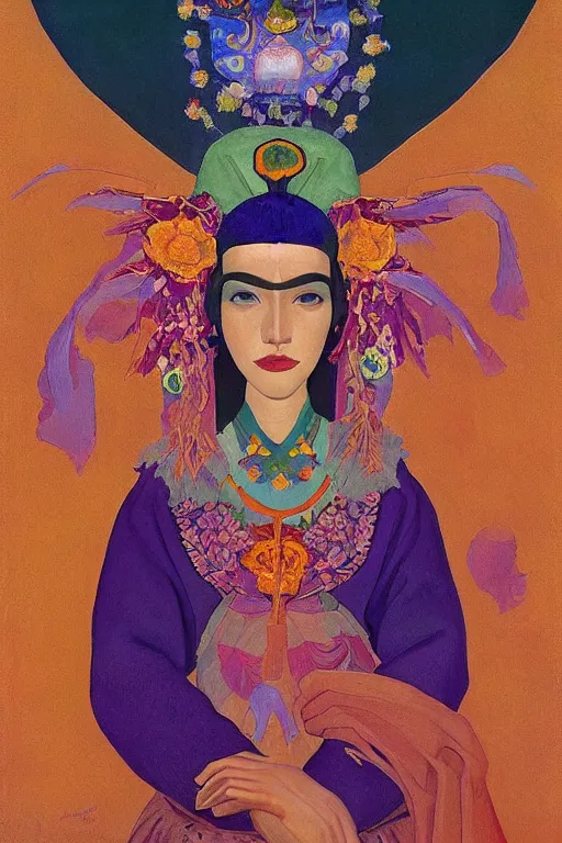 Prompt: queen of spring, by Nicholas Roerich and Tino Rodriguez and Diego Rivera , elaborate headdress and embroidered velvet, iridescent beetles, rich color, dramatic cinematic lighting, extremely detailed