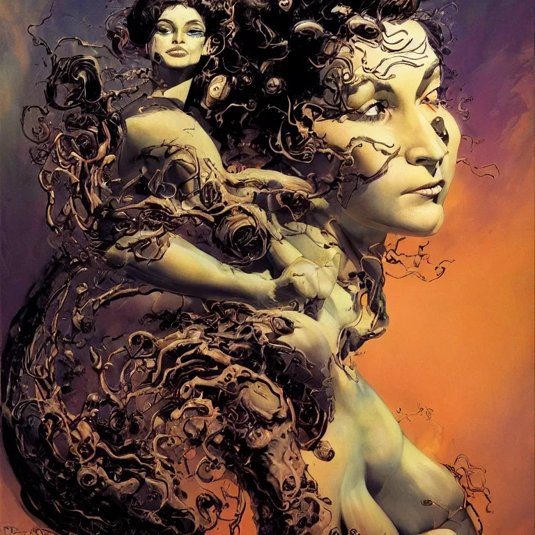 Image similar to portrait of a woman with swirling hair and fractal skin by frank frazetta, retrofuturism, psychedelic art reimagined by industrial light and magic