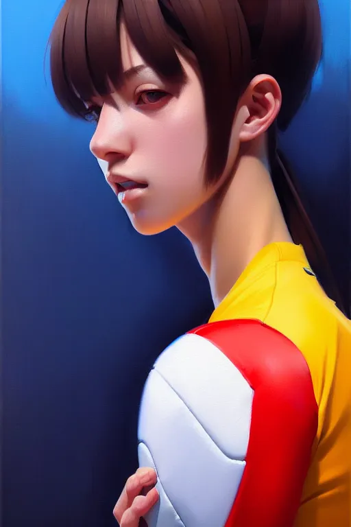 Image similar to A ultradetailed beautiful panting of a stylish woman wearing a volleyball jersey, Oil painting, by Ilya Kuvshinov, Greg Rutkowski and Makoto Shinkai