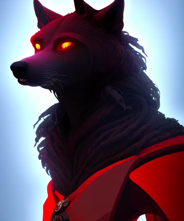 Prompt: award winning portrait of a anthropomorphic black male wolf with long red hair wearing futuristic armor | | concept art, 4 k, volumetric lighting, highly detailed, photorealistic, by cory loftis trending on artstation