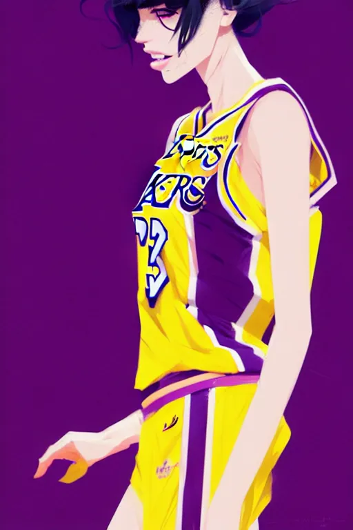 Image similar to a ultradetailed beautiful panting of a stylish girl in a los angeles lakers jersey, by conrad roset, greg rutkowski and makoto shinkai, trending on artstation