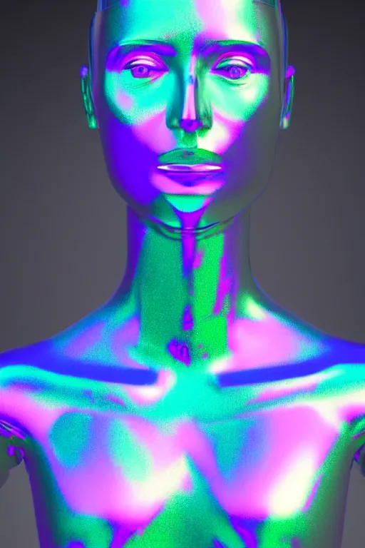 Image similar to 3d render of holographic human robotic bust made of glossy iridescent, bust, surrealistic 3d illustration of a human non-binary, non binary model, 3d model human, cryengine, made of holographic texture, holographic material, holographic rainbow, concept of cyborg and artificial intelligence