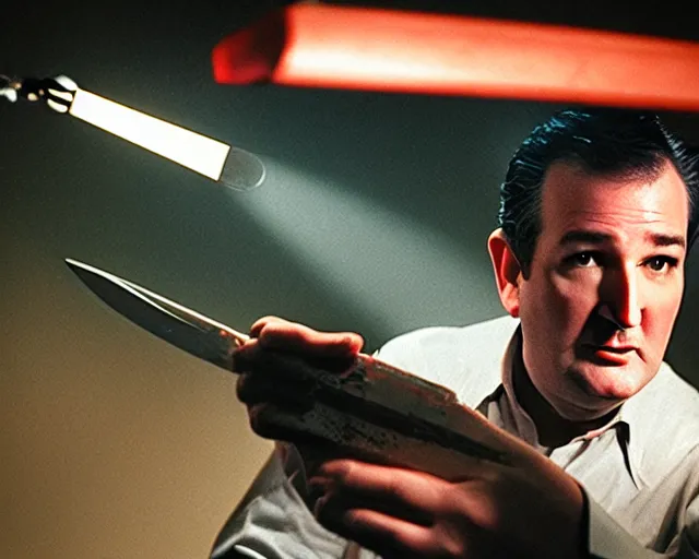 Image similar to bloody ted cruz holding knife with searchlight overhead, shot on technicolour film, action shot