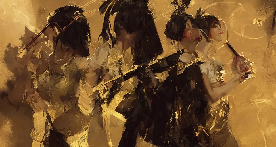 Image similar to craig mullins and ghibli digital art of on the stage, masked female violinists, exotic costumes, gold jewelry, black hair, solo performance realistic shading, cinematic composition, realistic render, octane render, detailed textures, photorealistic, wide shot