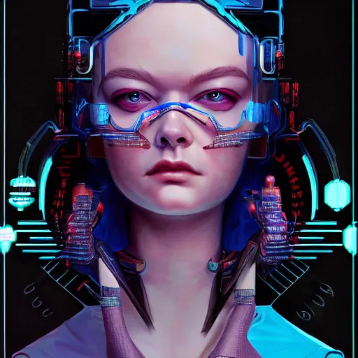 Prompt: a striking hyper real illustration of cyberpunk Elle Fanning by Josan Gonzalez
