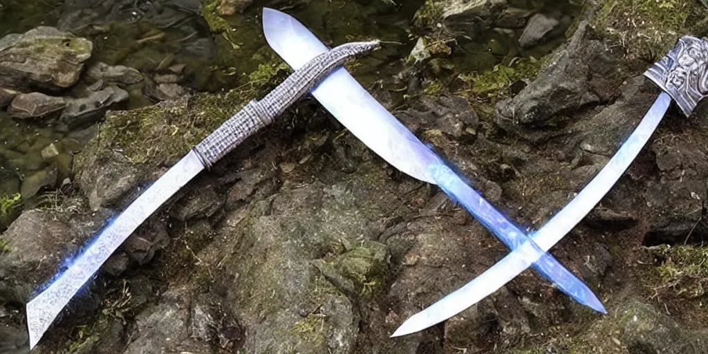 Image similar to a legendary longsword engulfed in spiral of water streams, its handle is made out of crystals,