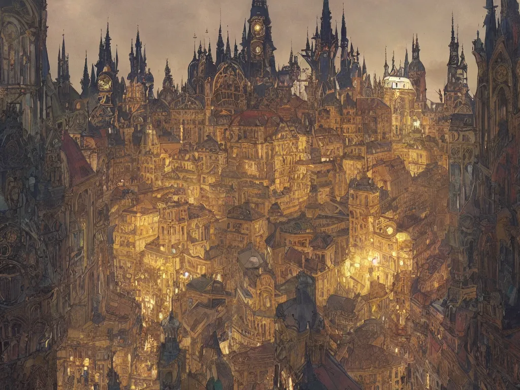 Image similar to a bell jar containing a city resembling prague, paris, and venice at dusk, intricate, elegant, highly detailed, digital painting, artstation, concept art, smooth, sharp focus, colored illustration for tattoo, art by krenz cushart and artem demura and alphonse mucha,