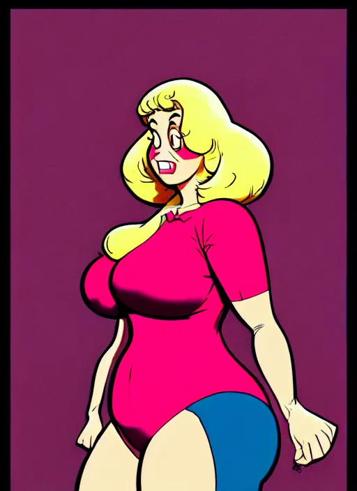 Prompt: the protagonist's mother, jolly, zaftig figure, plump, 1 9 8 0 s fashion, artgerm, artstation trending, archie comics and don bluth animation, in the style of jack kirby and alex toth, quixel megascan, digital 2 d, painterly style, flat illustration, high contrast