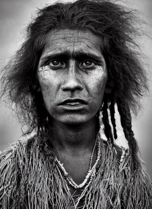 Image similar to Award winning Editorial photo of a Native Nauruans with incredible hair and beautiful hyper-detailed eyes wearing traditional garb by Lee Jeffries, 85mm ND 5, perfect lighting, gelatin silver process