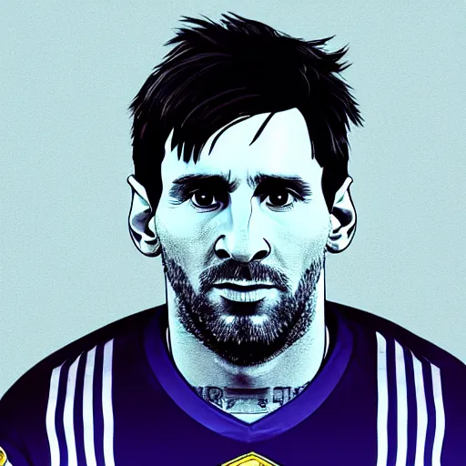 Prompt: Lionel Messi in a GTA V loading screen, cover art, posing solo, symmetrical face, in the style of Stephen Bliss, trending on artstation