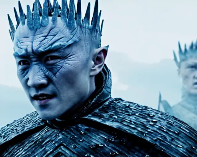 Image similar to justin sun as night king in game of thrones being swarmed by crimson - black bees, 4 k, epic, cinematic, focus, movie still, fantasy, extreme detail, atmospheric, dark colour, sharp focus