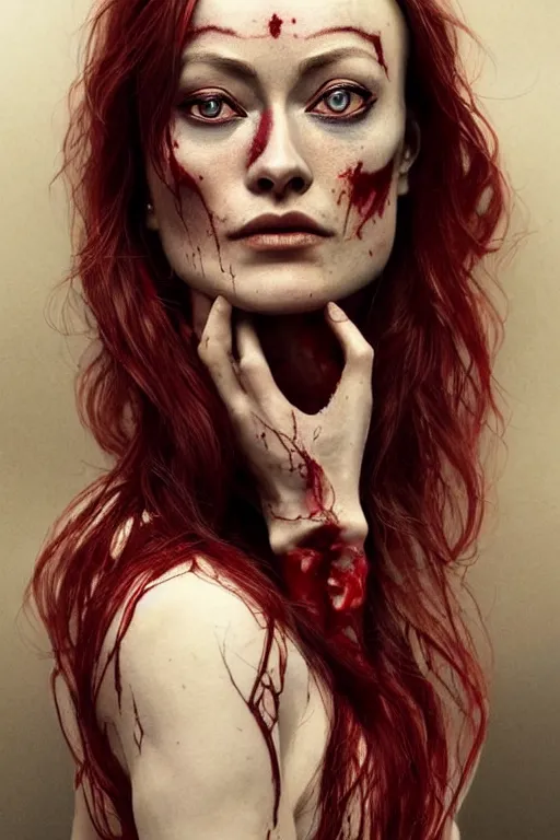 Image similar to pale woman covered with blood, olivia wilde face!!!, red hair, skeleton tattoo!, ultra realistic, concept art, intricate details, highly detailed, 4 5 mm. photorealistic, octane render, 8 k, unreal engine. film still, heavy grain, 3 5 mm, art by artgerm and greg rutkowski and alphonse mucha