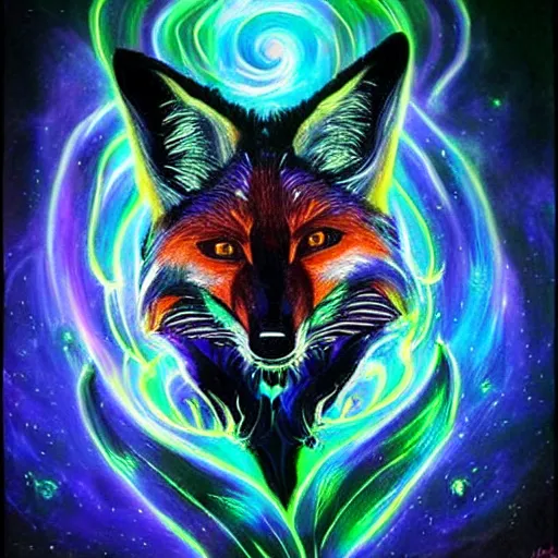 Prompt: a stylized realistic blacklight painting of an avatar of an awesome powerful cosmic horror foxfolk mage themed around death and nebulas, in the style of dnd beyond avatar portraits, beautiful, artistic, elegant, lens flare, magical, lens flare, nature, realism, stylized, art by jeff easley