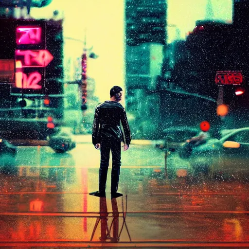 Image similar to Man with motorcycle standing in a city, rain, 4k, (synthwave), trending on artstation,