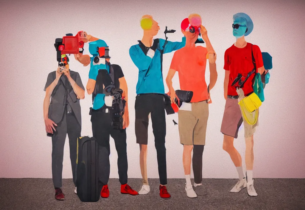 Image similar to full body portrait of a trio of european tourists with nikon cameras, character designs painting, in the style of wes anderson, rene magritte, lola dupre, david hockney, isolated on white background, dark monochrome neon spraypaint accents volumetric octane render