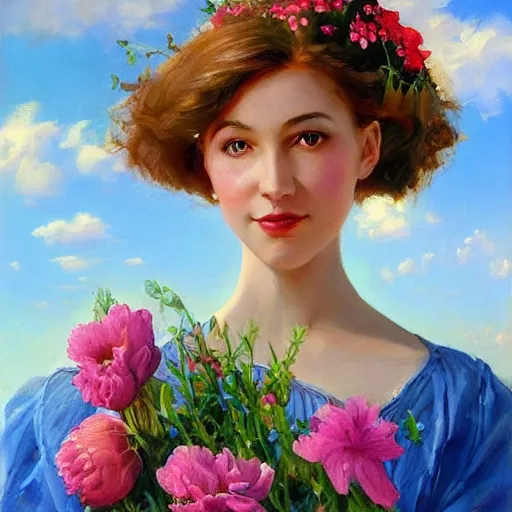 Image similar to a portrait of a romantic woman with flowers grow out of hair, roses peonies forget-me-nots dahlias lupins gladioli, sky theme in background, by Alexandr Averin, Digital Art, Trending on artstation