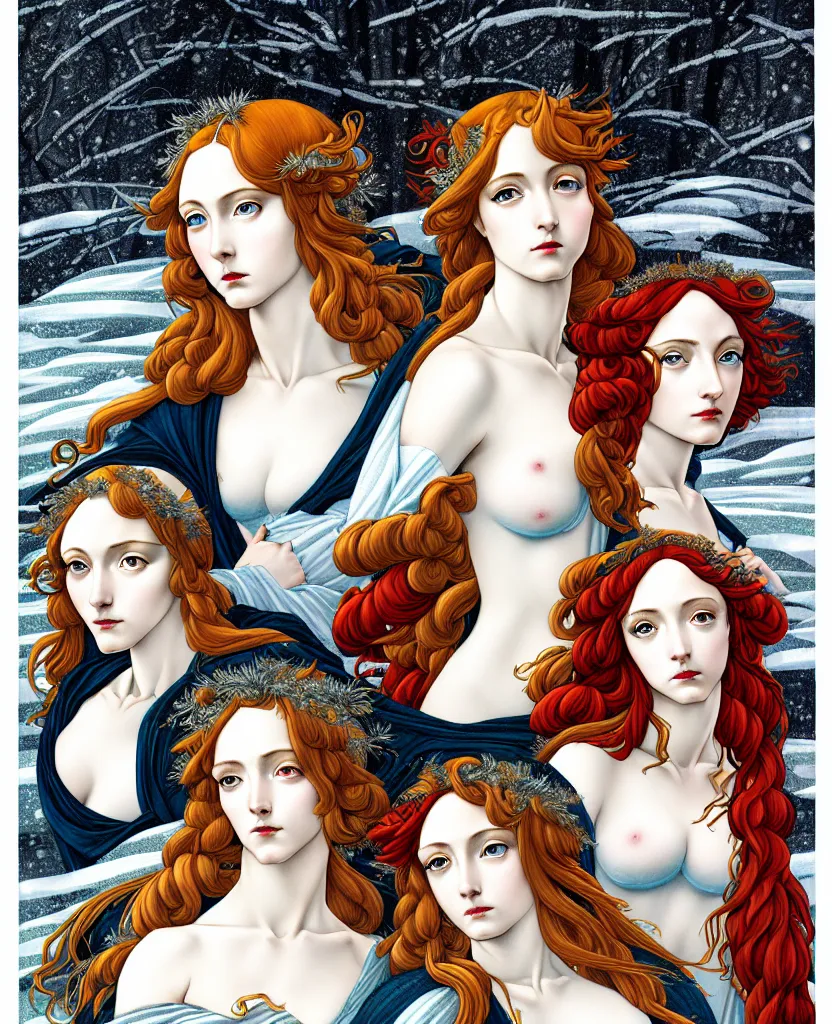 Image similar to the 3 Goddesses of Winter, in a mixed style of Botticelli and Æon Flux, inspired by pre-raphaelite paintings and shoujo manga, surrounded by a harsh icy winter landscape, hyper detailed, stunning inking lines, flat colors, 4K photorealistic