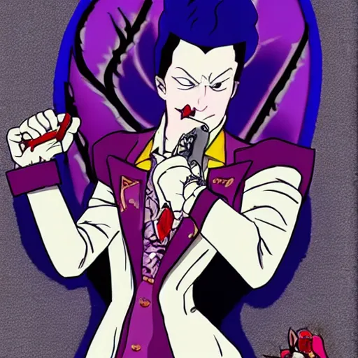 Prompt: killer queen from the jojo bizzare adventures smoking, by araki, victorian - era vampire style, trending on twitter