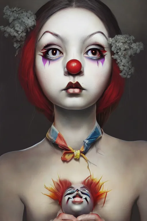 Image similar to breathtaking detailed painting of clown girl , with anxious, piercing eyes, Atari game cover art by Hsiao-Ron Cheng, James jean, Miho Hirano, Hayao Miyazaki, extremely moody lighting, hyperrealistic, octane render, RPG portrait, ambient light, dynamic lighting