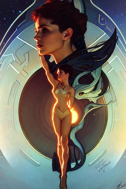 Image similar to the uss enterprie ncc 1 7 0 1 d, art by artgerm and greg rutkowski and alphonse mucha