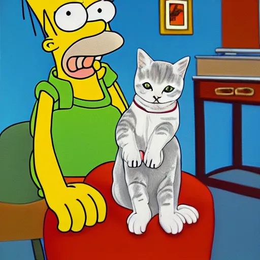 Image similar to doctor home simpson operating on a cat, oil and acrylic on canvas, high detail