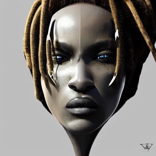 Prompt: a mecha version of an african woman with dreadlocks, with a septum nose ring piercing, very symmetrical, highly detailed, by vitaly bulgarov, by joss nizzi, by ben procter, by steve jung, concept art, quintessa, metal gear solid, transformers cinematic universe, concept art world, pinterest, artstation, unreal engine