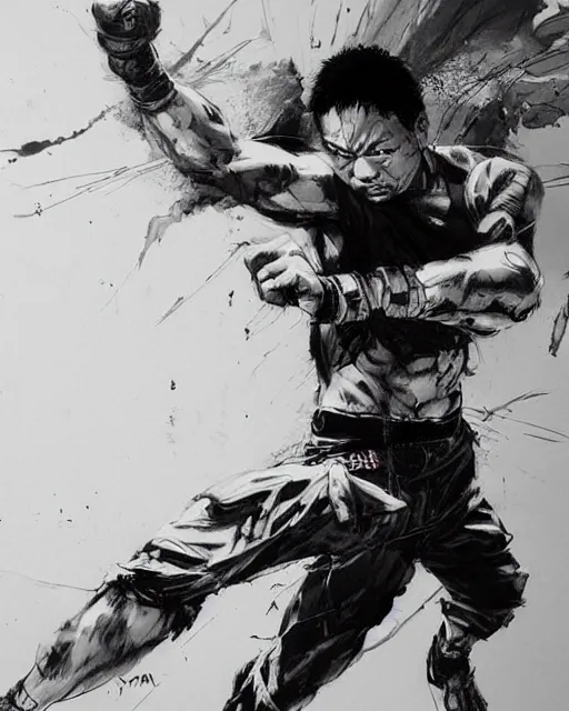 Image similar to Tony Jaa epic fight scene in the style of Yoji Shinkawa, in the style of leonard boyarsky, detailed realistic illustration